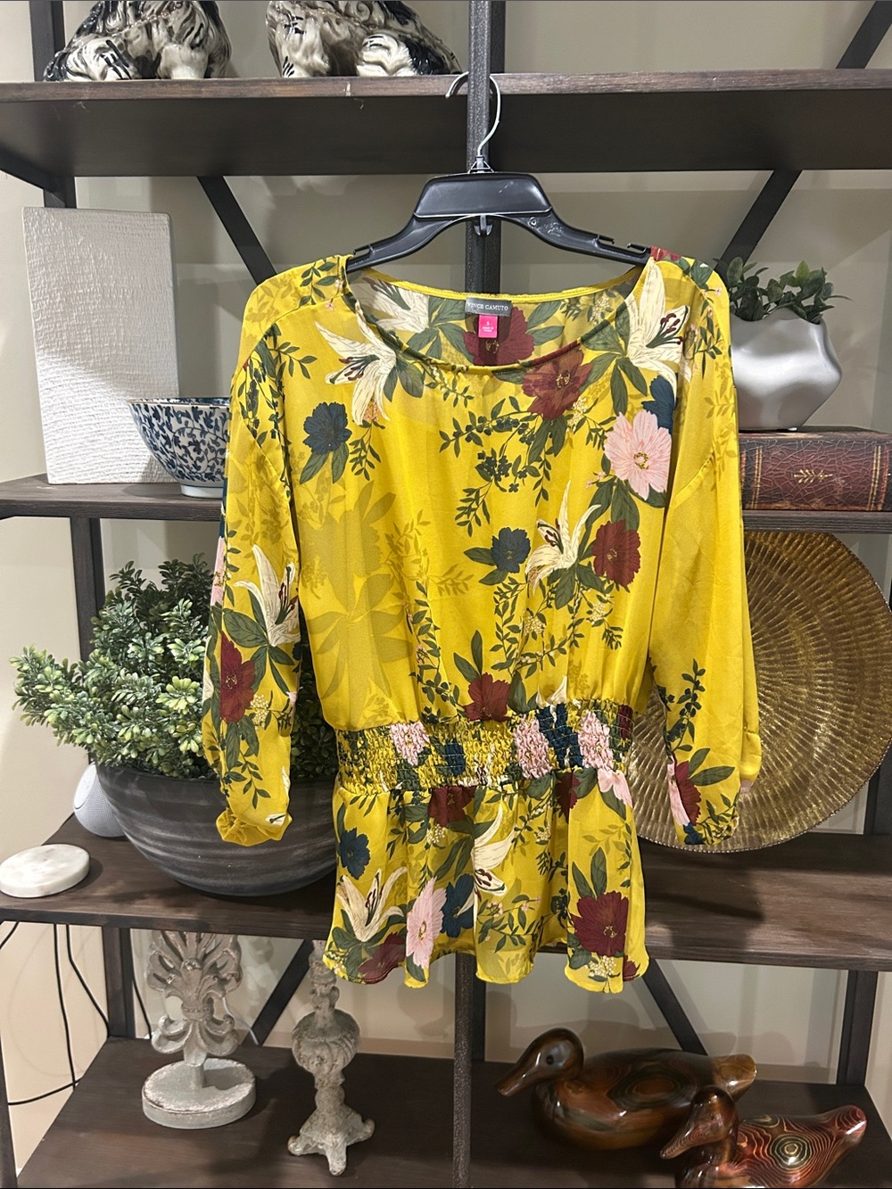 Vince Camuto Mustard Yellow Floral Smocked Waist Blouse